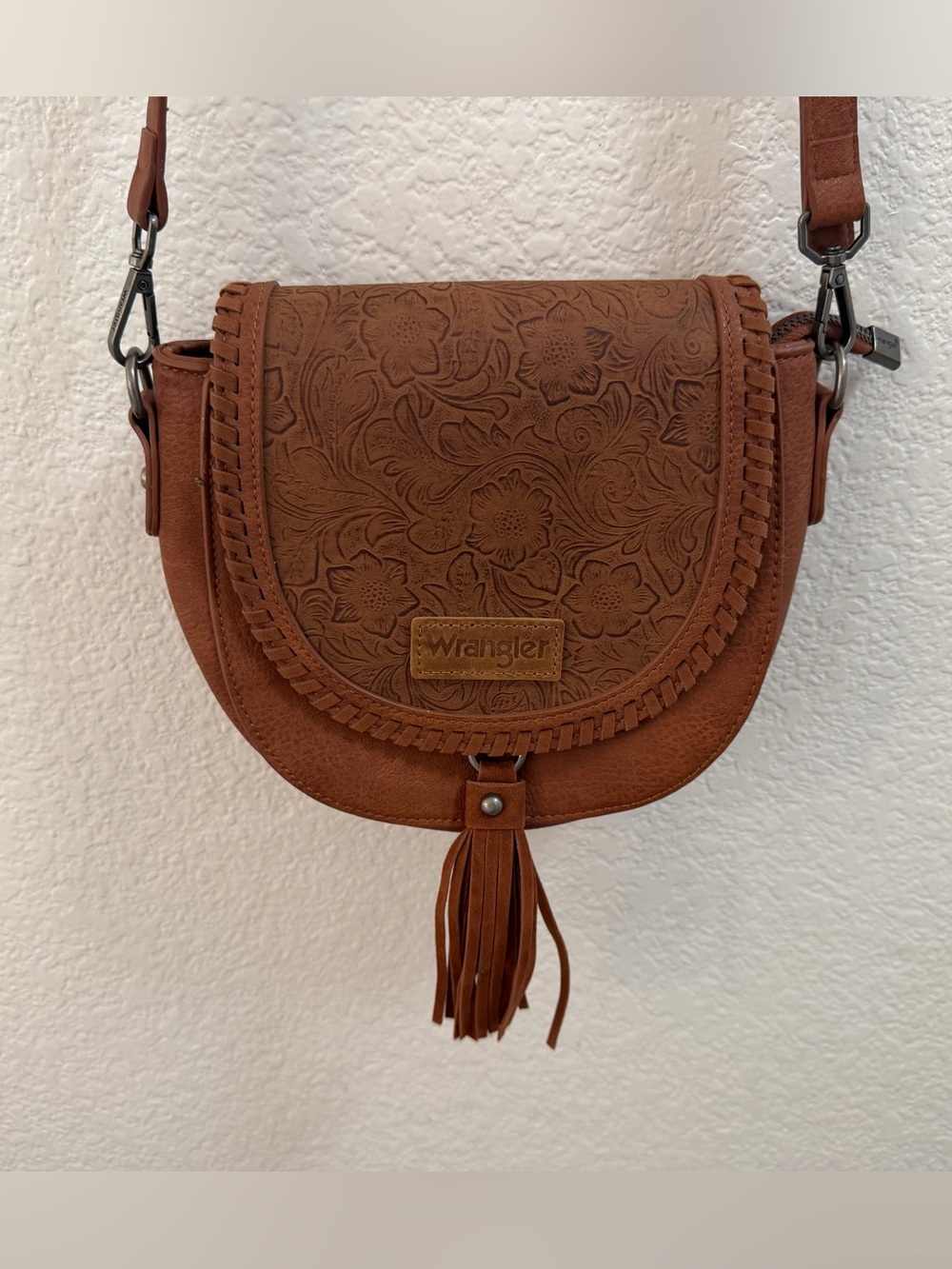 Wrangler Brown Tooled Floral Tassel Crossbody Bag